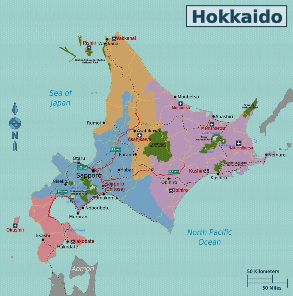 Map of Hokkaido showing main areas and rail lines