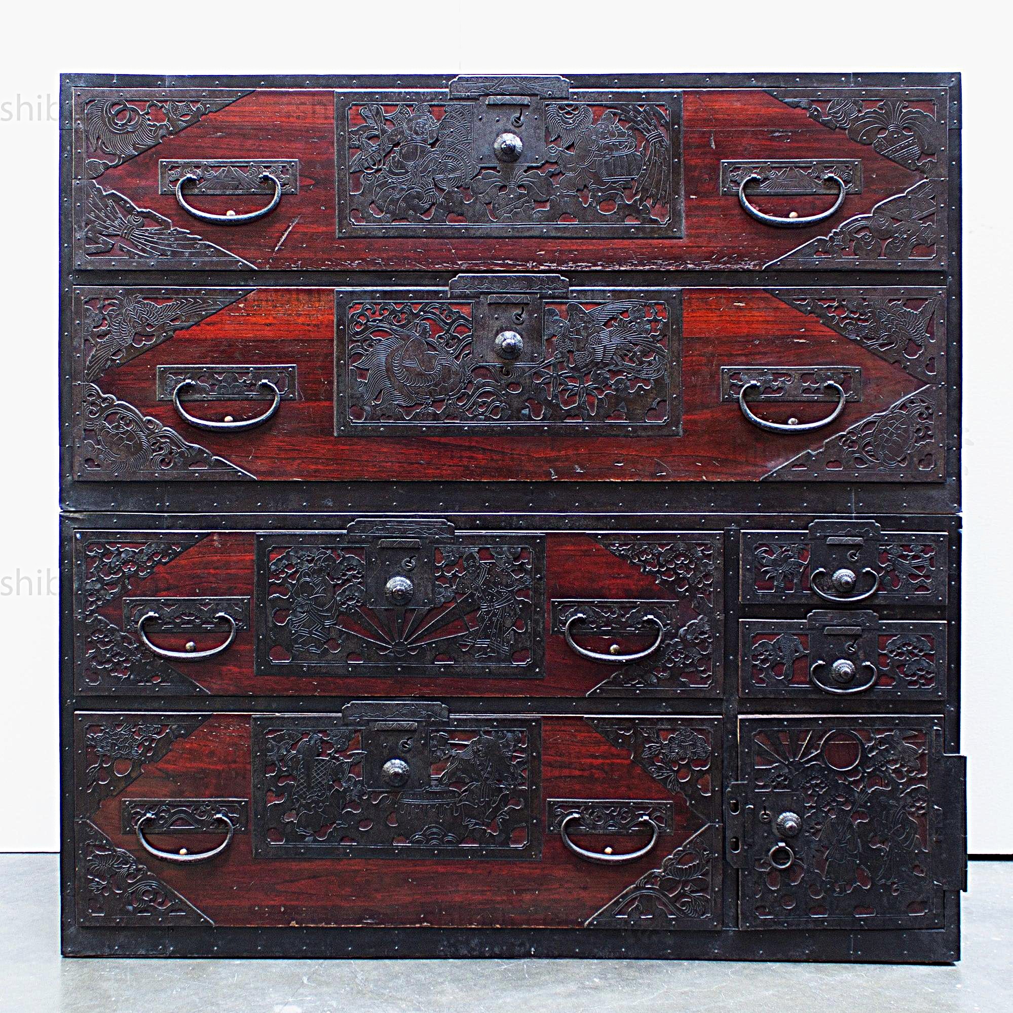 An elaborate handmade from start to finish Iwate tansu chest with ornate metal fittings.