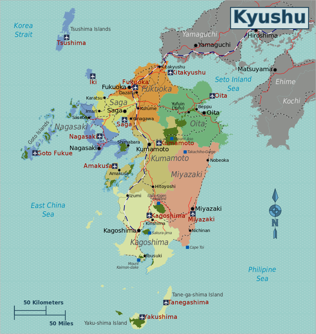 Map of Kyushu showing main areas and rail lines
