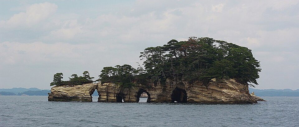 One of the more famous pine-covered islets in the famous Bay of Matsushima, Miyagi Prefecture.