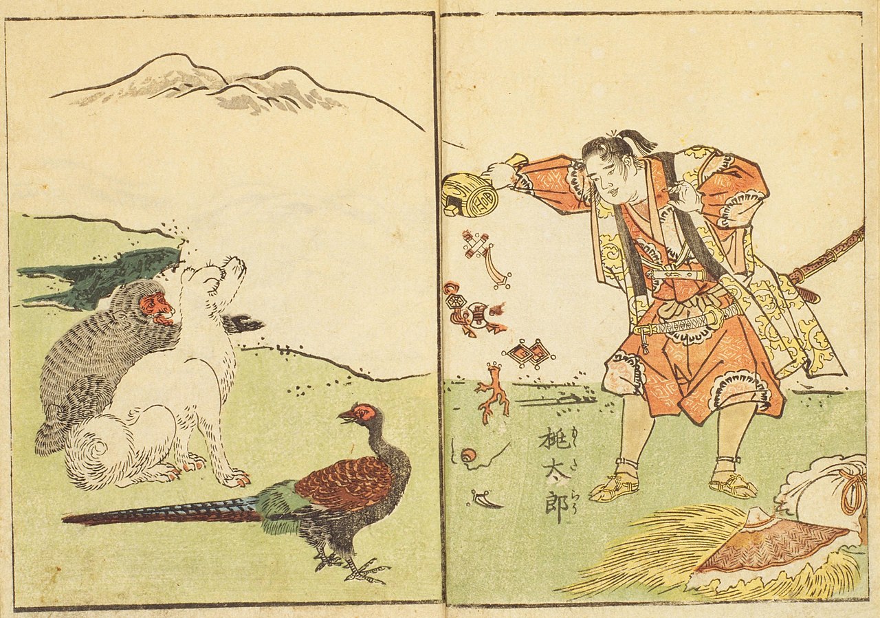 Momotaro or Peach Boy waving his mallet with his animal friends.