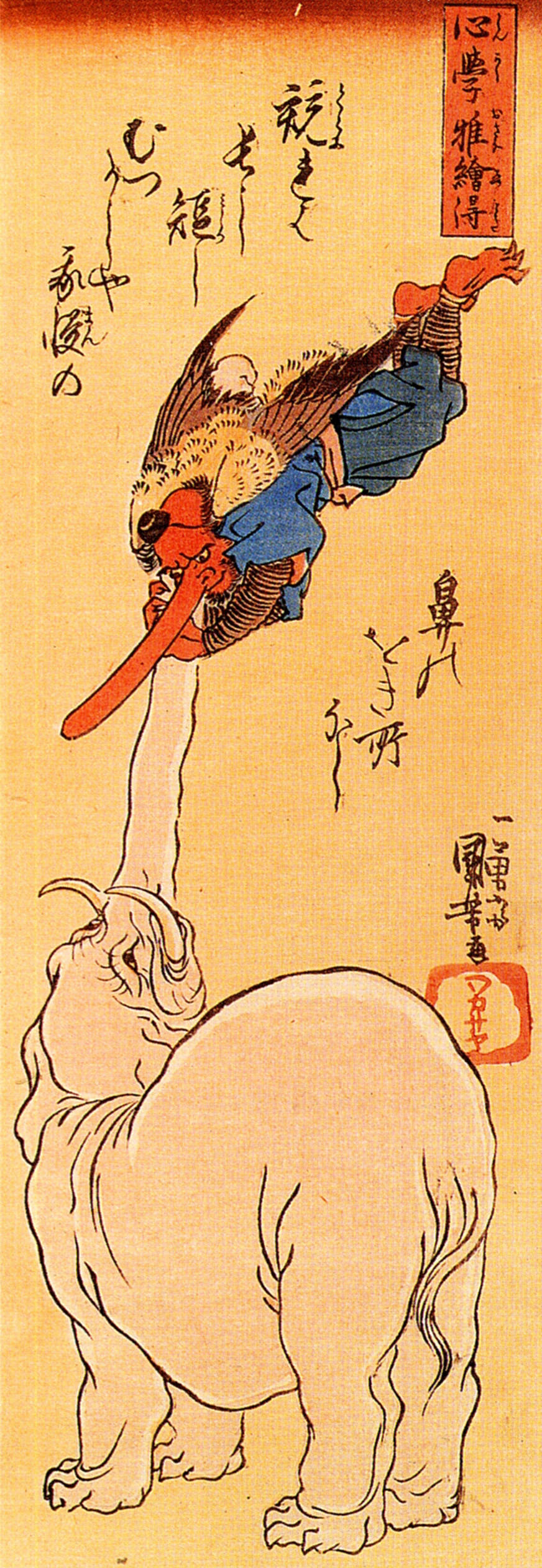 A flying tengu goblin wrestling with a mythical Japanese elephant.