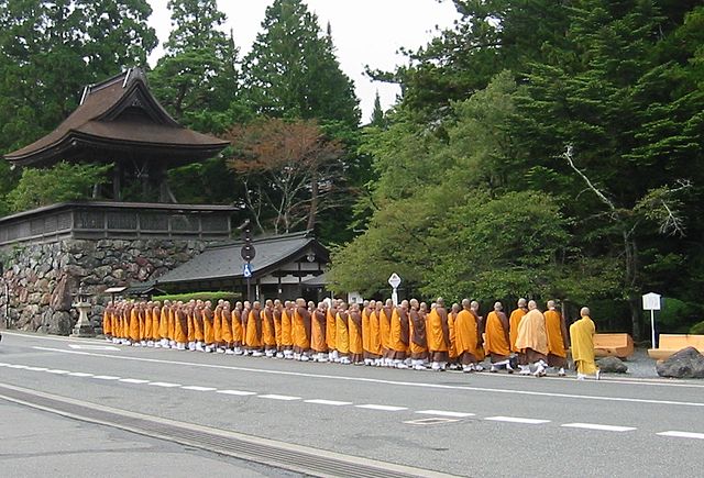Buddhist monks in Koyasan in their saffron robes.
