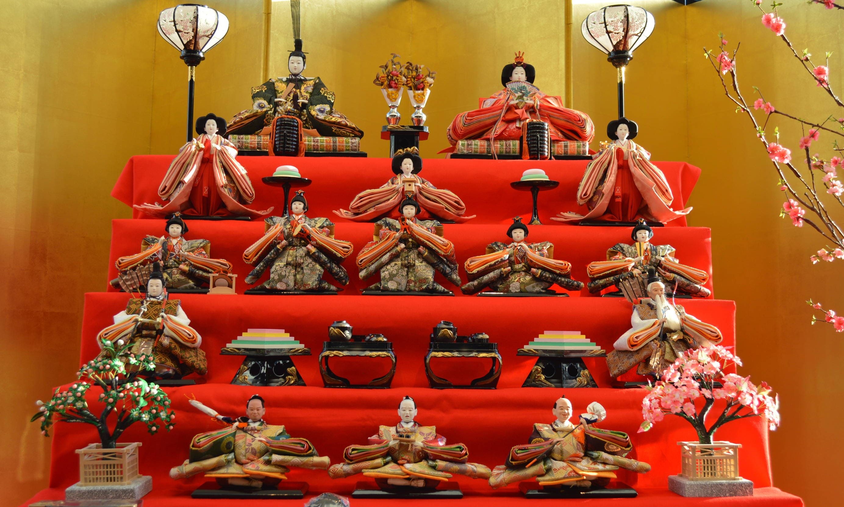A closeup of an Imperial hina matsuri or Girl's Day doll display.