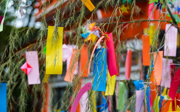 Early July is the time of Japan's famous Tanabata children's festival and many important shrines are full of kids in kimono and branches covered with prayers for child health and well being