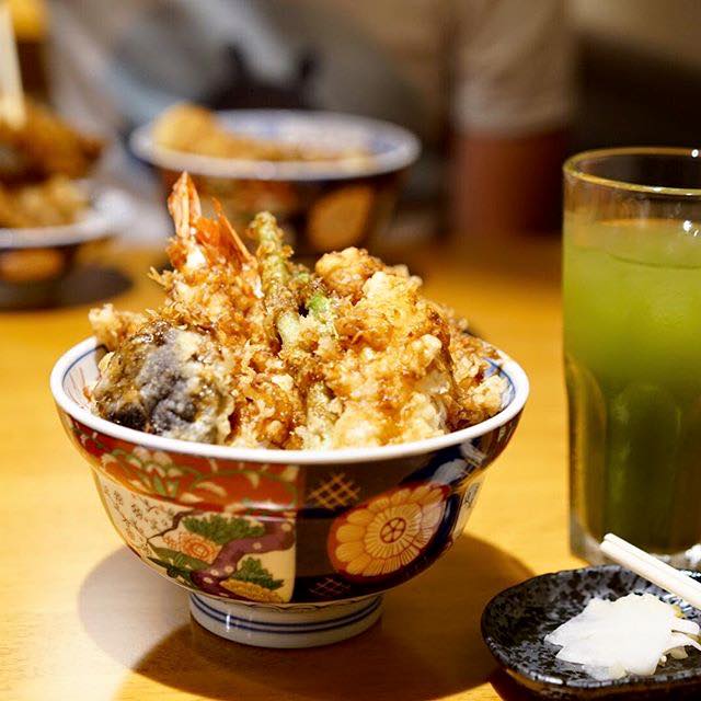 Tokyo's famous tendon rice bowl dish served with the classic deep-fried shrimp option